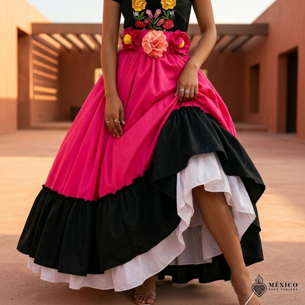 Mexican black and pink single circle skirt only